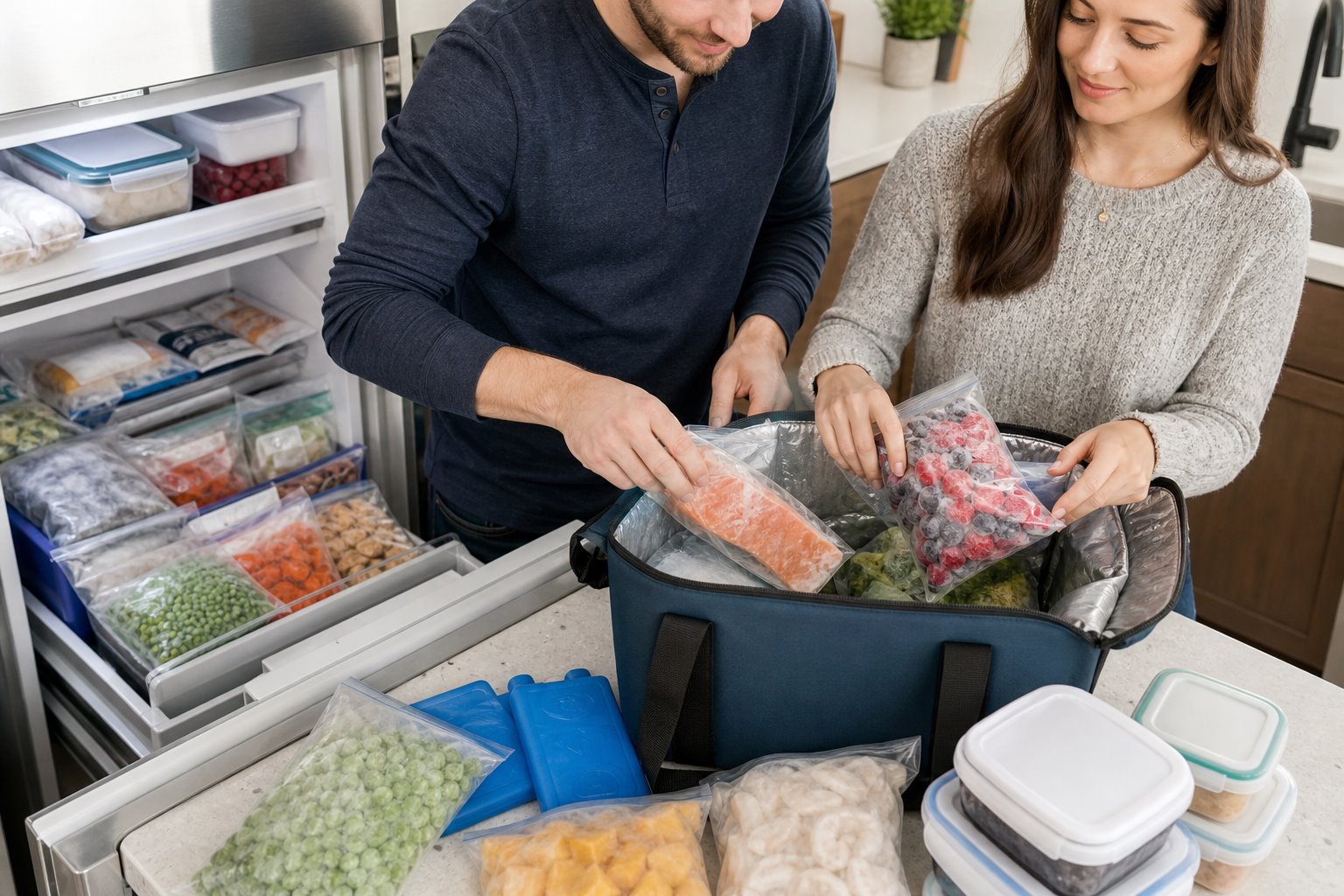 Семья готовит замороженные продукты к перевозке