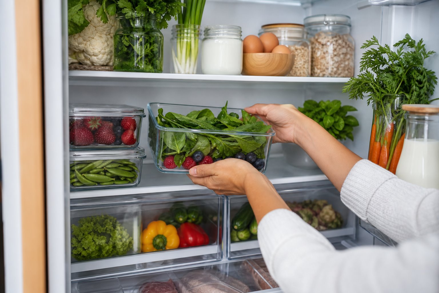 Полки холодильника со свежими продуктами в контейнерах